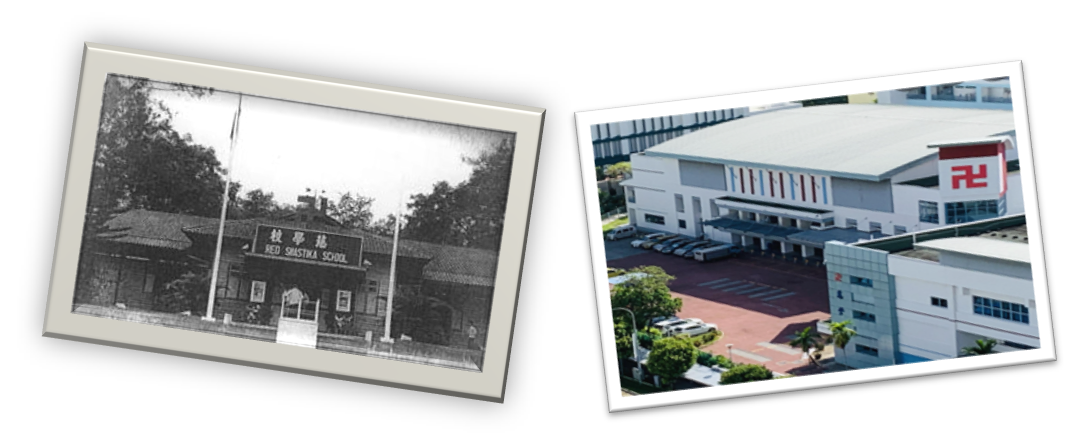 Old black-and-white photo of Red Swastika School entrance beside a modern aerial color photo of the same campus.